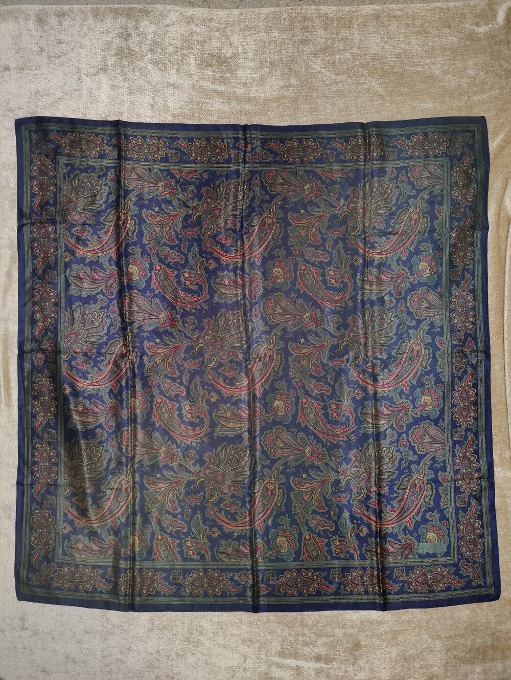 Club 7 Echo Navy Green Burgundy Paisley Silk Scarf, 35" x 35"